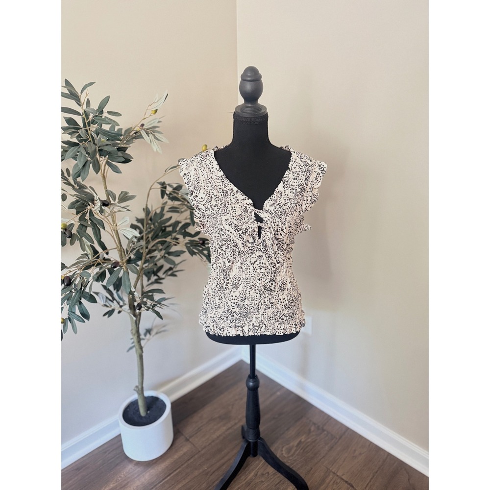 Melloday Smocked Waist Tie Front Ruffle Paisley Print Blouse Cream Black Large